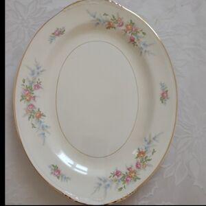 11 Inch Oval Serving Platter Homer Laughlin vintage Nautilus floral gold trim